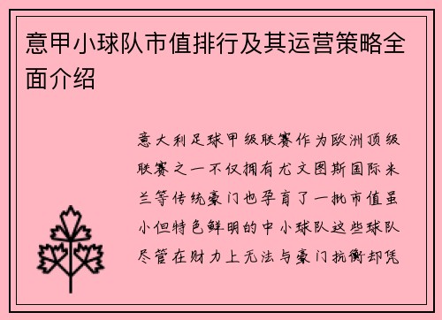 意甲小球队市值排行及其运营策略全面介绍